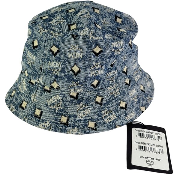 MCM Light Blue Fedora Monogram and Diamonds Print Bucket Hat Jacquard - Picture 1 of 8